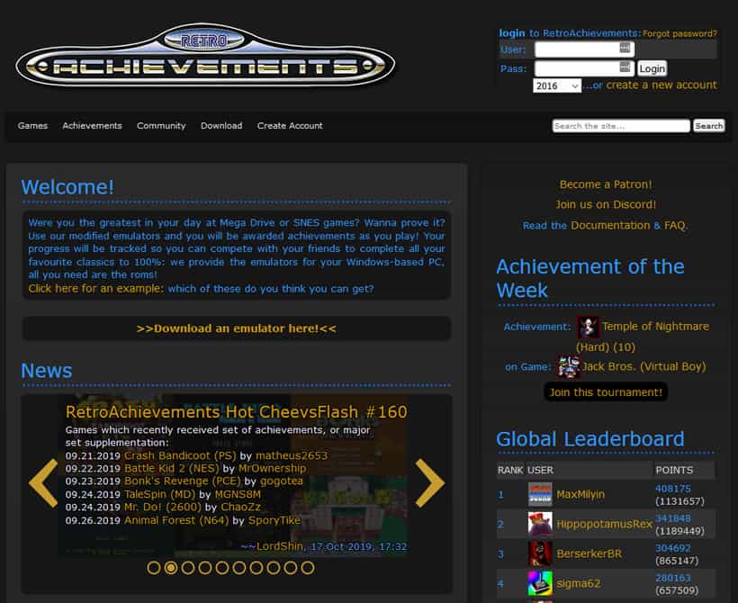 The RetroAchievements website