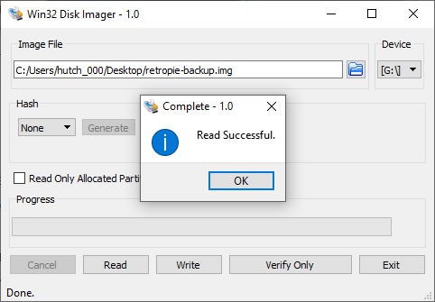 Win32 Disk Imager backup successful