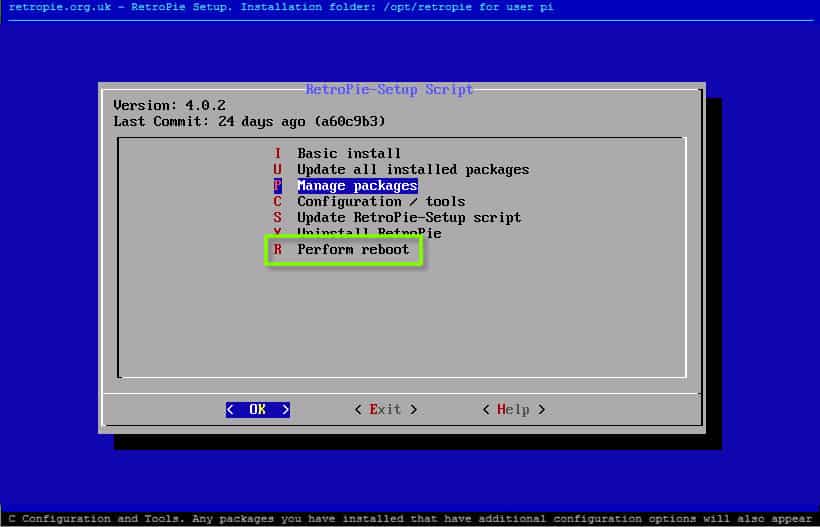 RetroPie perform reboot